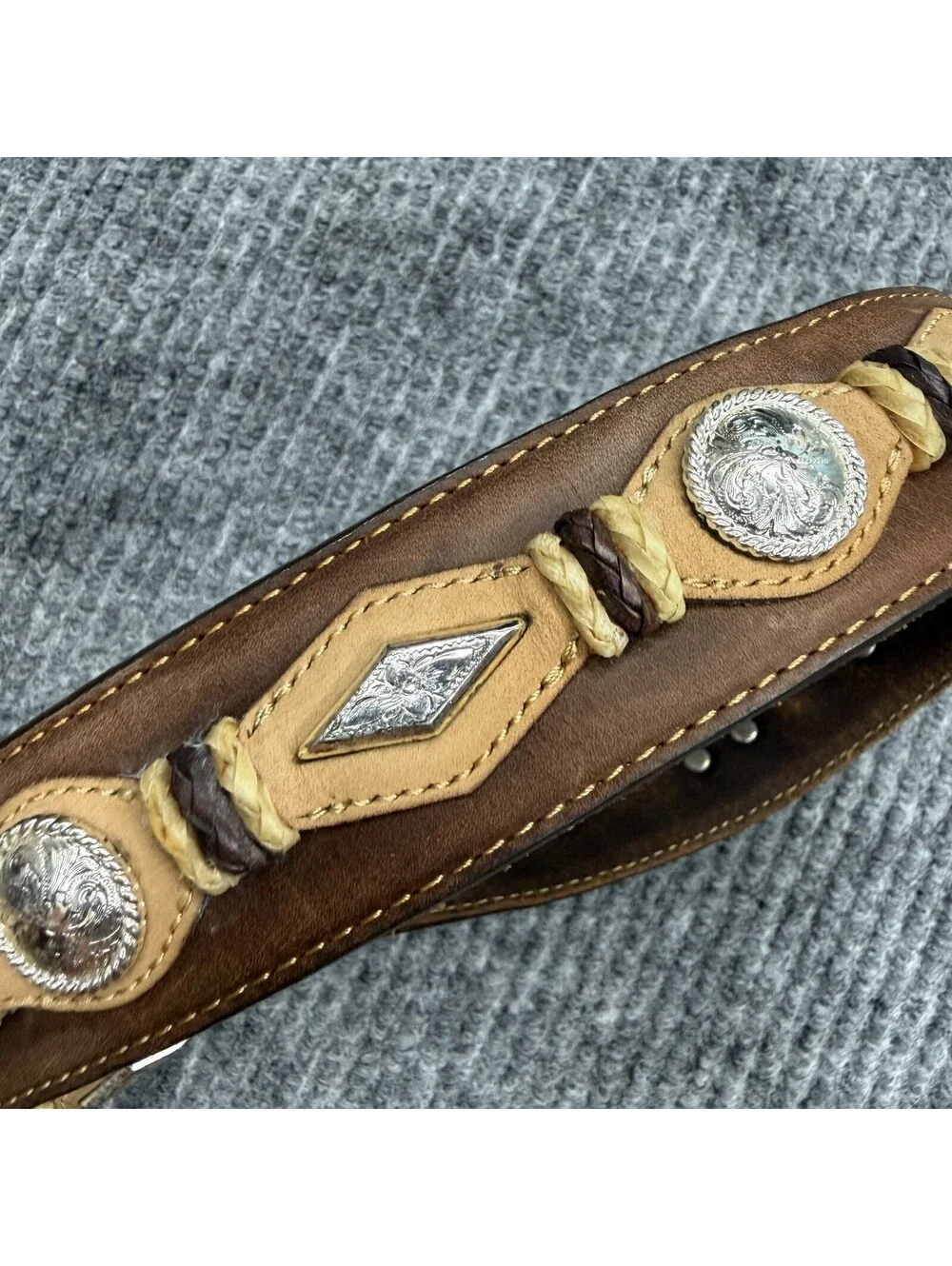 Justin Belt Mens 38 Brown Leather Western Concho Studded Engraved Silver Buckle